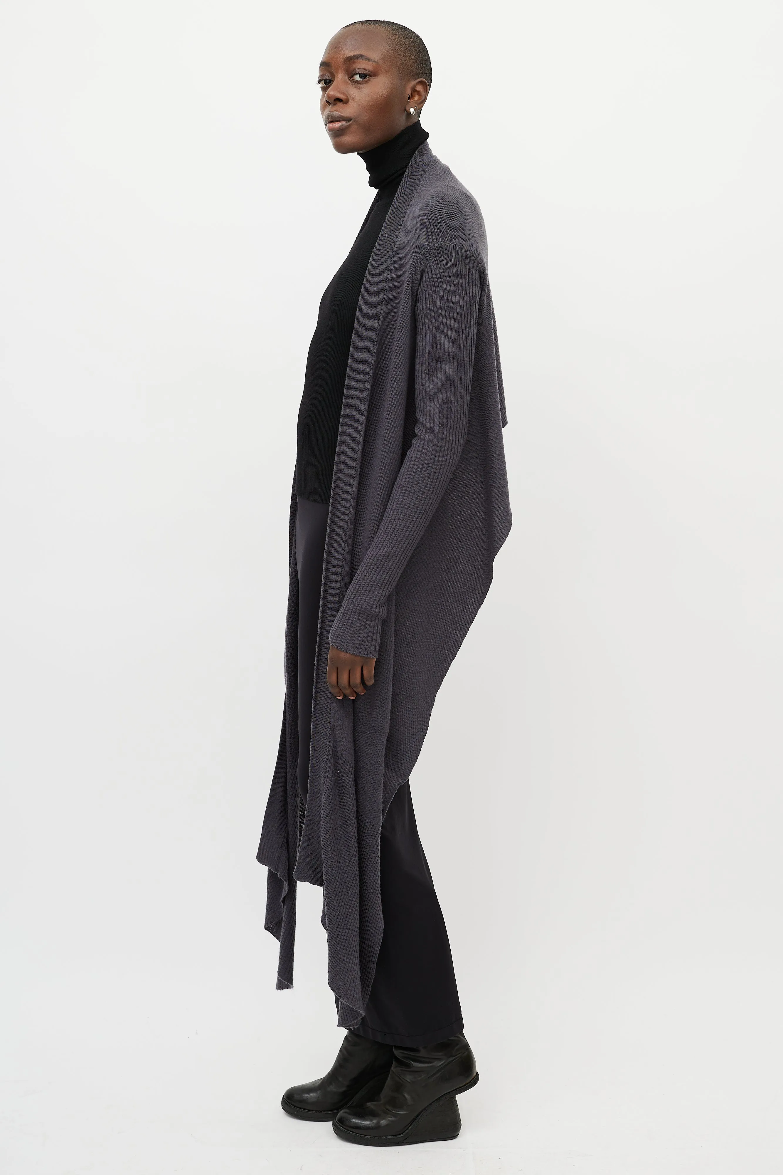 Grey Wool Long Front Cardigan