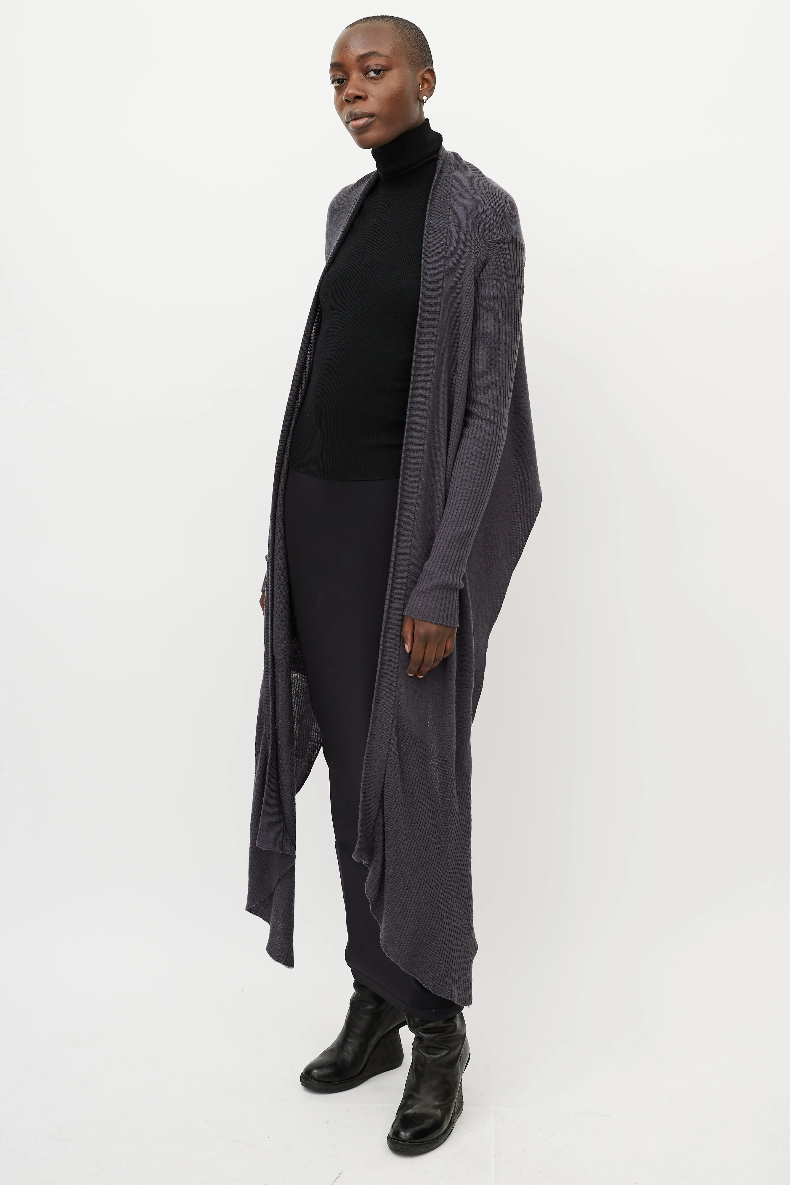 Grey Wool Long Front Cardigan