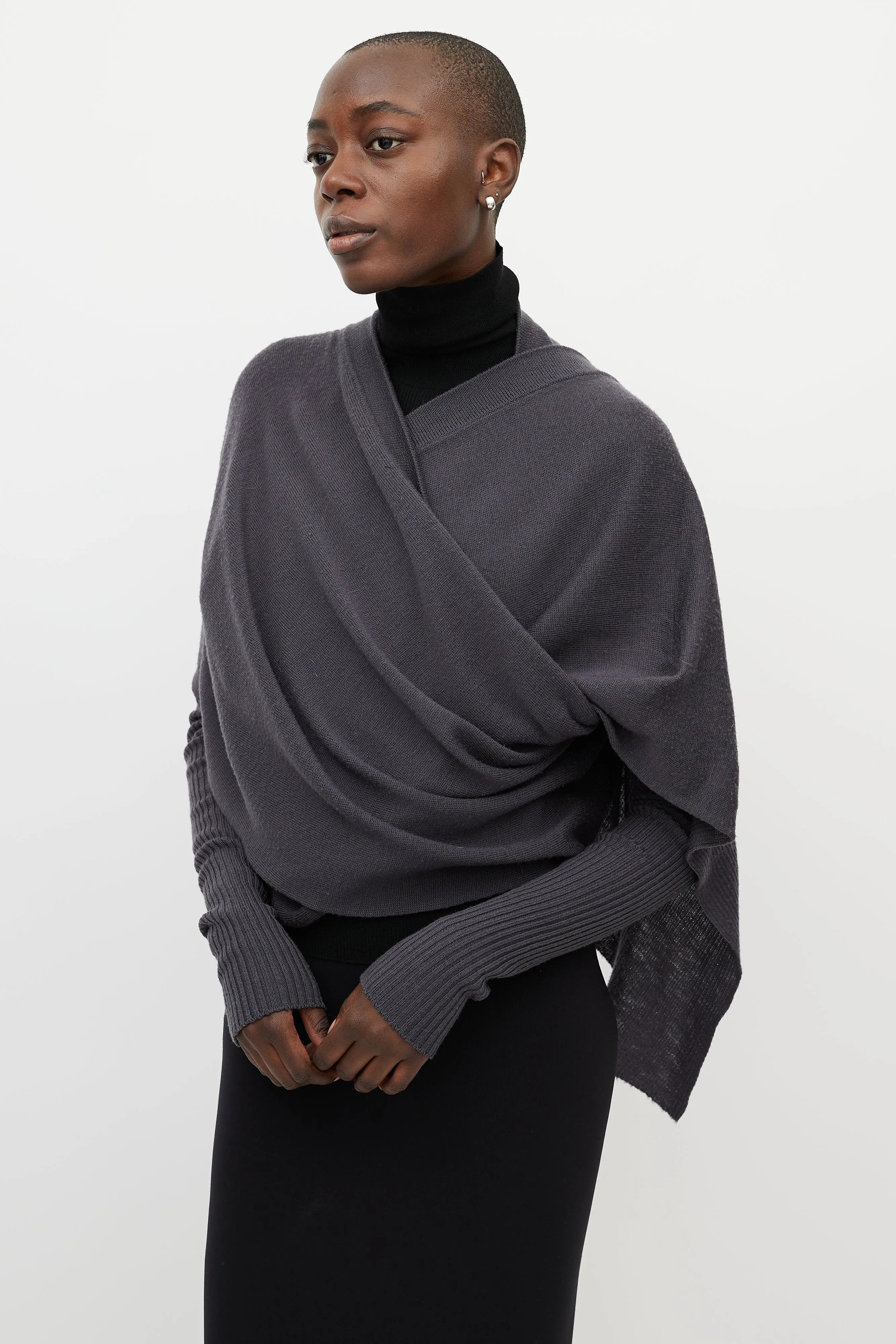 Grey Wool Long Front Cardigan