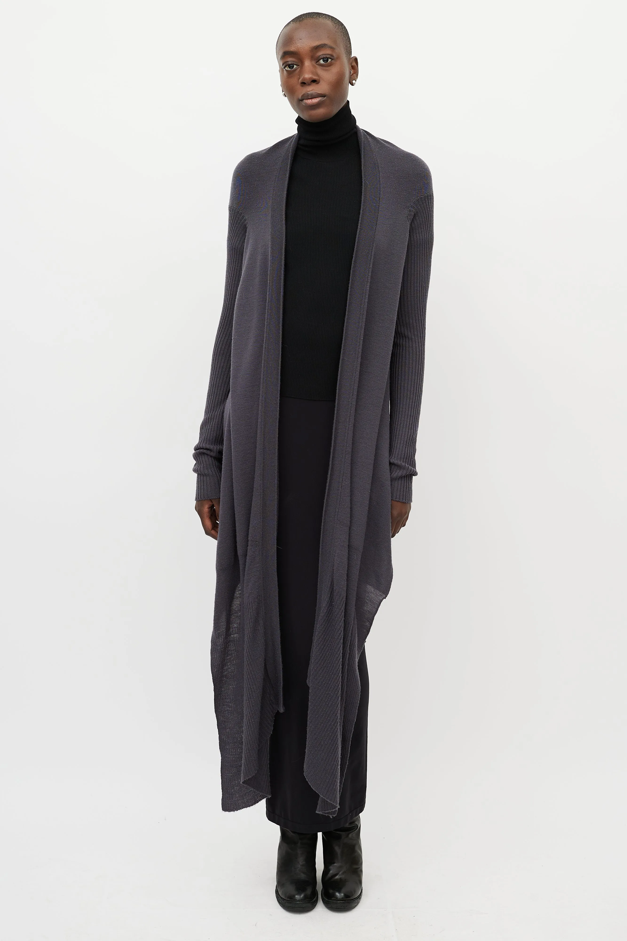 Grey Wool Long Front Cardigan